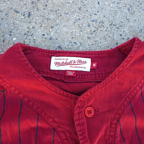 Mitchell & Ness Miami Heat Pinstripe Baseball Jersey Button-Up Shirt Red Medium - Picture 6 of 10